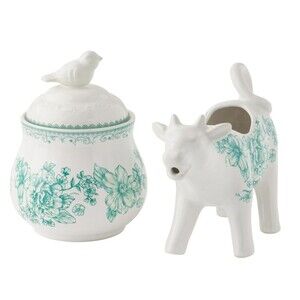 Pioneer Woman Agatha Stoneware Sugar Bowl & Creamer Set Green White Home Gift